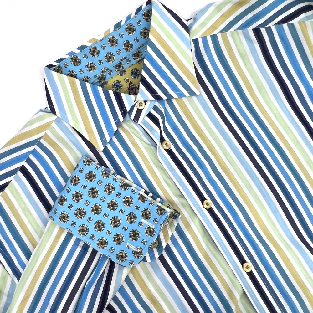 ROBERT GRAHAM Men's 2XL Blue/Green/White Striped Button-Up Flip-Cuff Shirt EUC!!